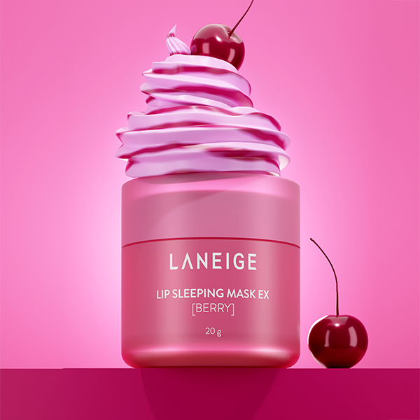 A CG shot of Laneige lip balm with whipped cream om top and a cherry