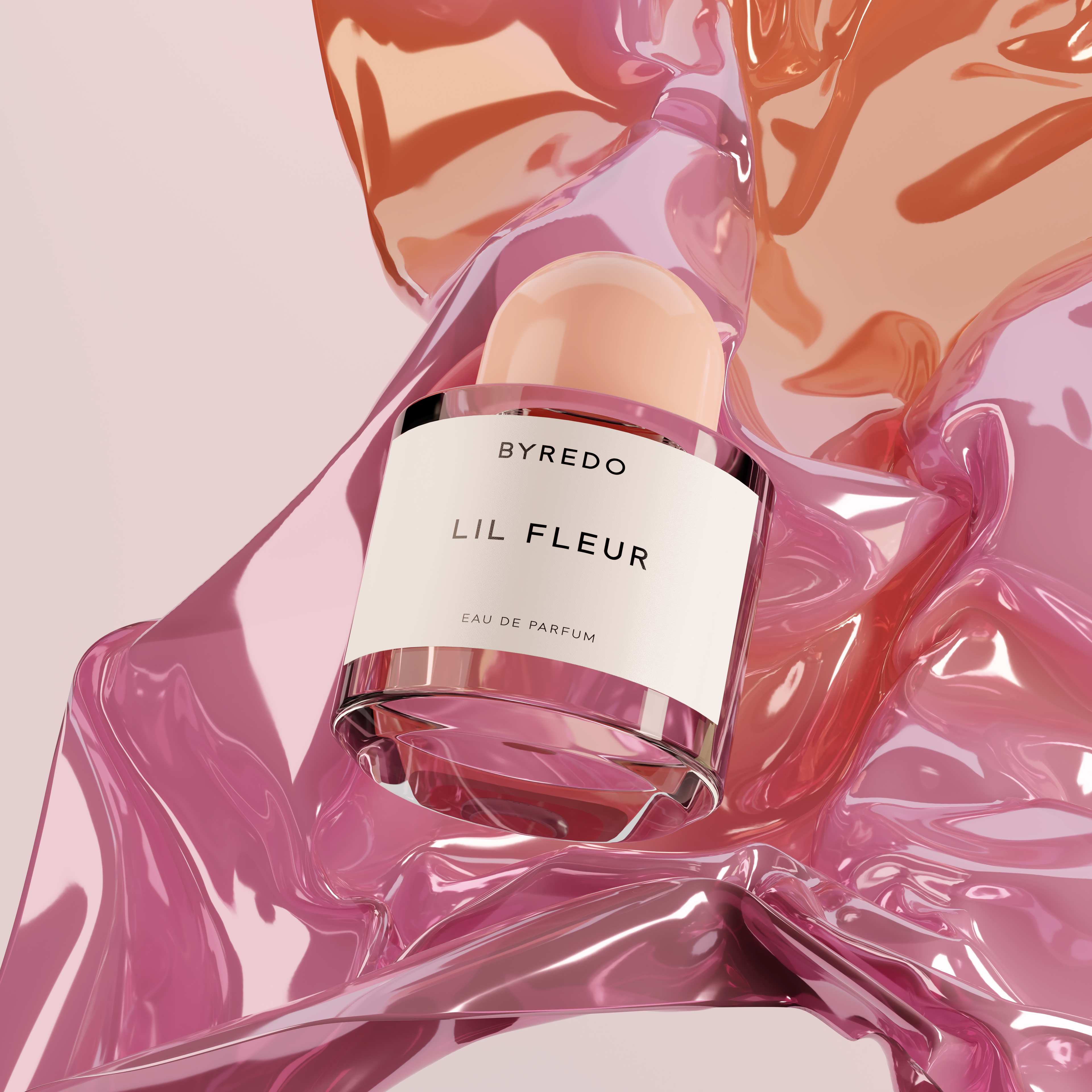 A CG shot of Byredo parfume on abstract wavy background 