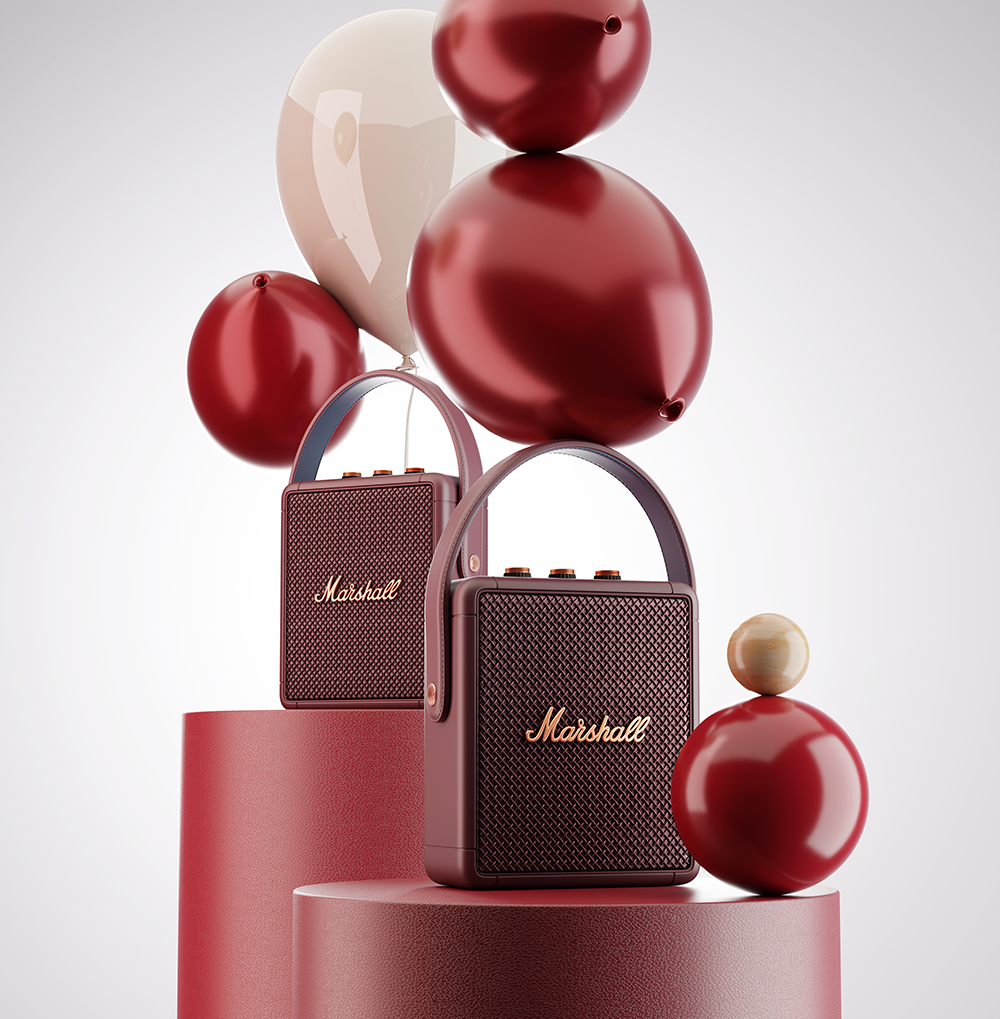 3D exploded view rendering of a retro speaker surrounded by balloons for product marketing