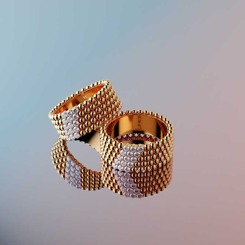3d render of two diamond rings on a reflective surface, created for social media