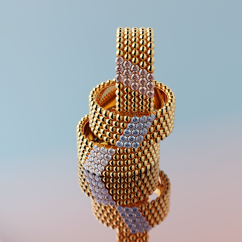 3d rendering of high-end gold and diamond rings placed on each other, created for marketing campaign visuals