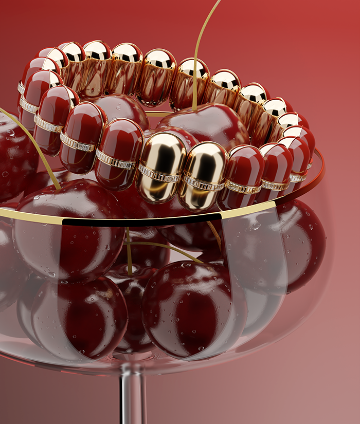 3d rendering of a high-end jewelry nested in cherries for luxury brand campaign