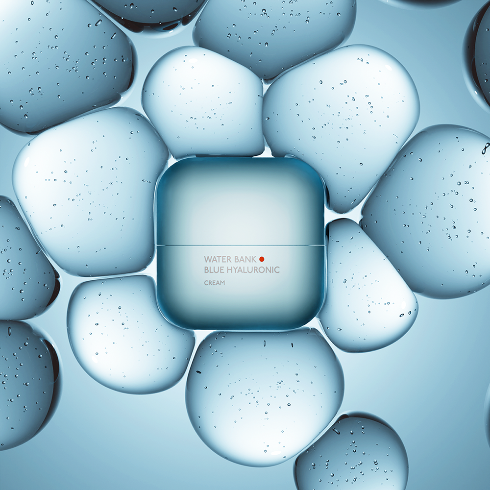 Photorealistic 3D render of a moisturizing cream with floating liquid drops for a beauty brand campaign
