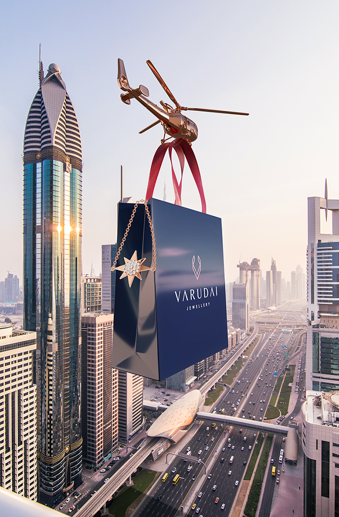 3D VFX animation of a jewelry package flying on a helicopter, created for a luxury jewelry campaign