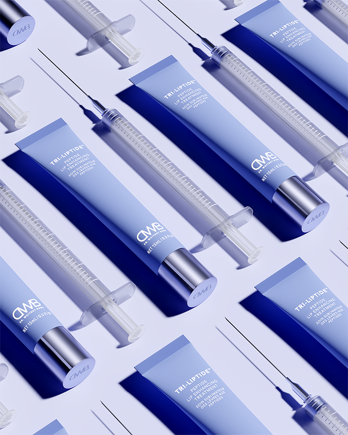 Photorealistic 3d render of a high-end lip treatment product surrounded by syringes, created for beauty product launch and social media