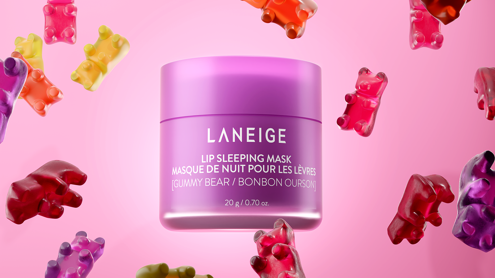 Creative 3D Rendering of a high-end lip treatment product surrounded by gummy bears, created for web and social media