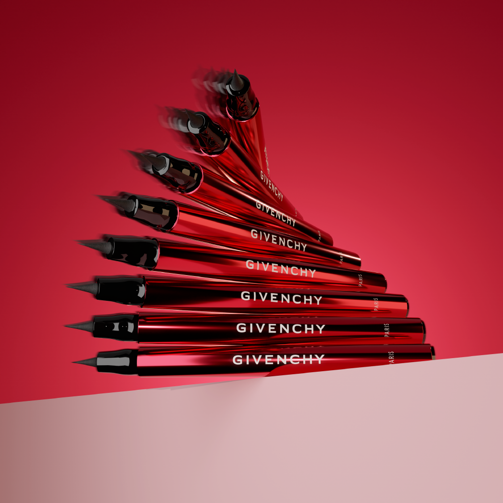 photorealistic 3d rendering of luxury eye pencils on pink background, placed on each other, created for beauty brand launch