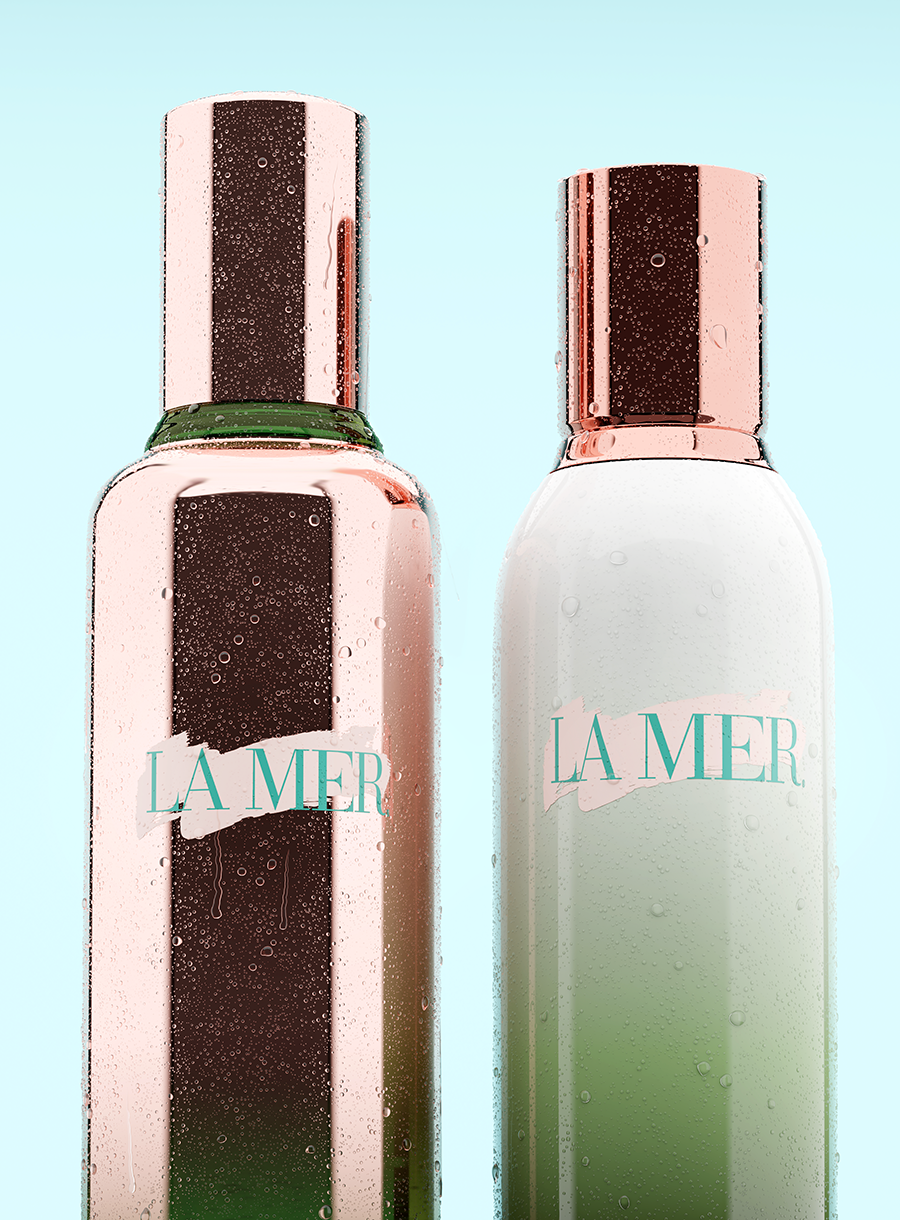 3d render of a luxury face product with droplets of water, created for brand campaign