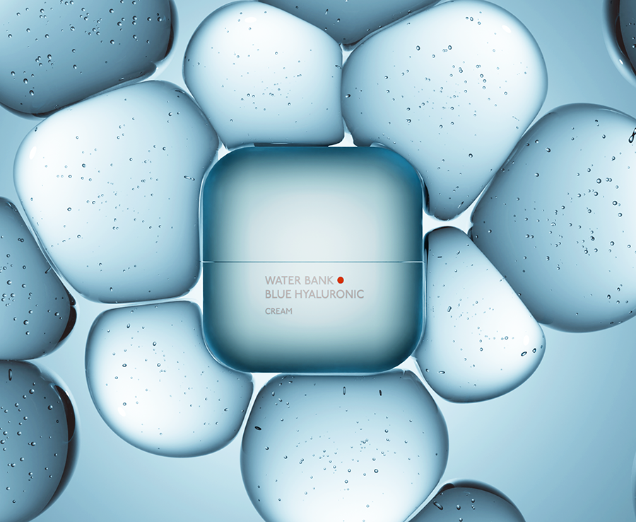 Photorealistic 3D render of a face cream surrounded by large molecules